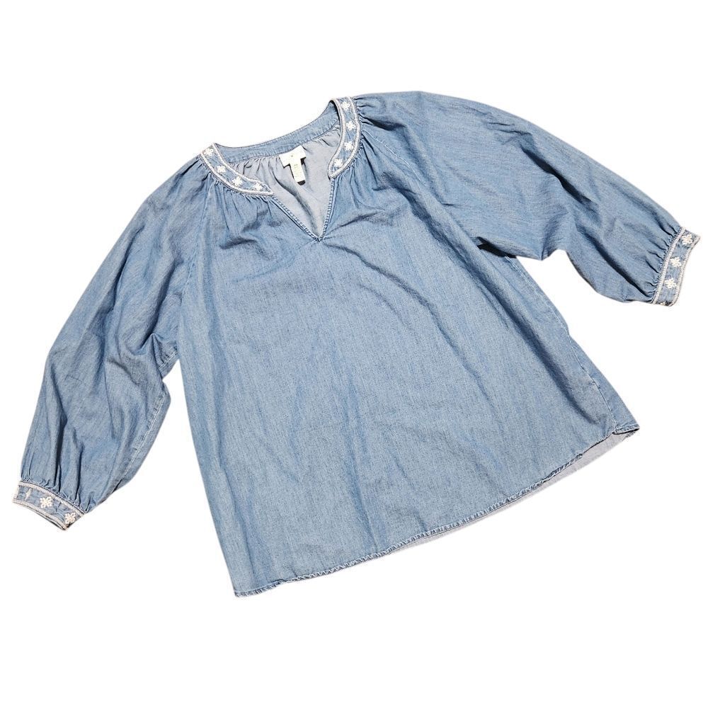 Womens Denim Chambray Shirt Blue XXL St Johns Bay Embroidered Neck